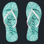 Cute beach wedding flip flops for bride and groom<br><div class="desc">Cute beach wedding flip flops for bride and groom. Vintage sand dollar shell pattern design. Custom strap color for him and her / men and women. Custom background color and personalizable with name initials. Elegant aqua / turquoise blue and white his and hers sandals with stylish script calligraphy typography. Cute...</div>