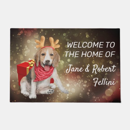 Cute Beagle antlers red box festive custom Doormat
