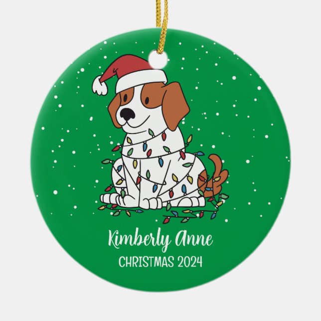 Cute Beagle Christmas Dog Snowy Winter Holiday Ceramic Ornament (Front)