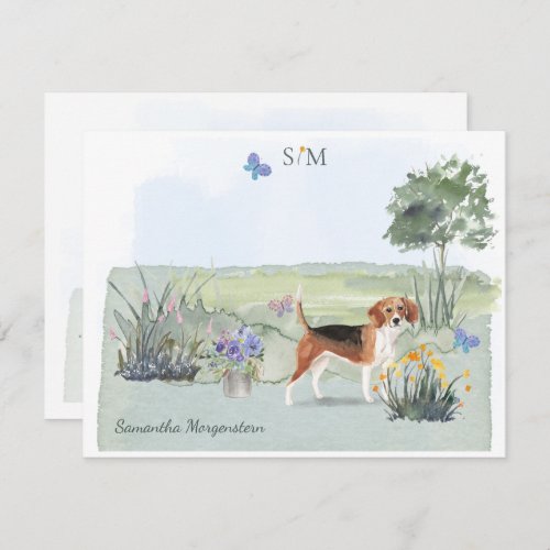 Cute Beagle Dog Butterfly Monogram and Name  Note Card