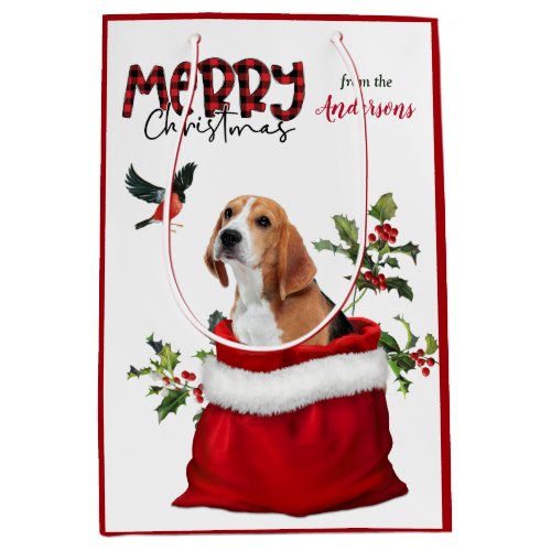 Cute Beagle Dog Christmas Bird Medium Gift Bag