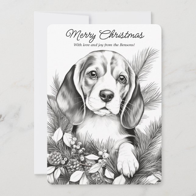 Cute Beagle Dog Enjoying Christmas Coloring Holiday Card (Front)