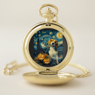 Cute beagle Dog Halloween Jack O Lantern Pumpkin F Pocket Watch