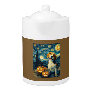 Cute beagle Dog Halloween Jack O Lantern Pumpkin F Teapot