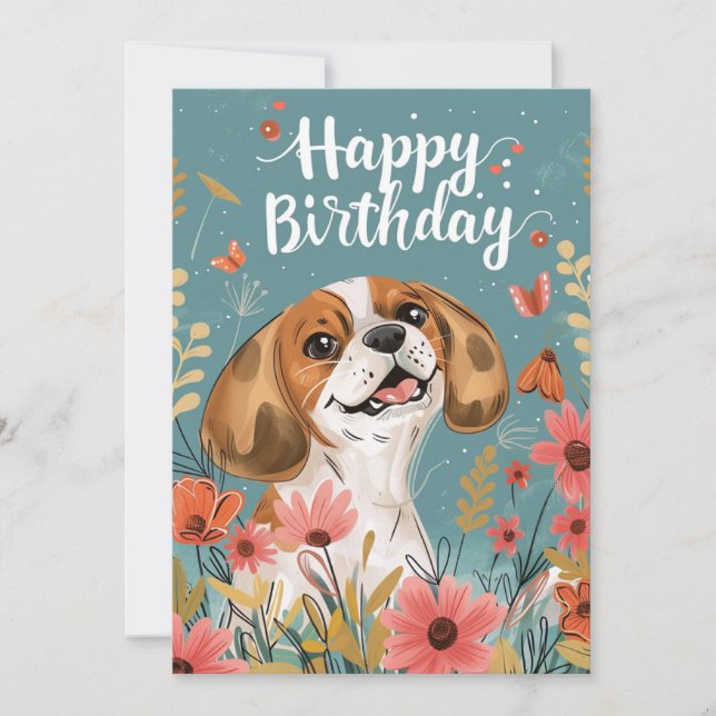 Cute Beagle dog Happy Birthday  Holiday Card (Front)