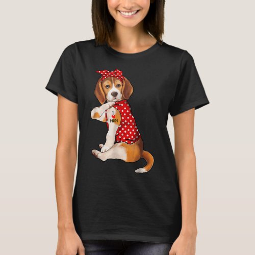 Cute Beagle Dog I Love Mom Tattoo T_Shirt