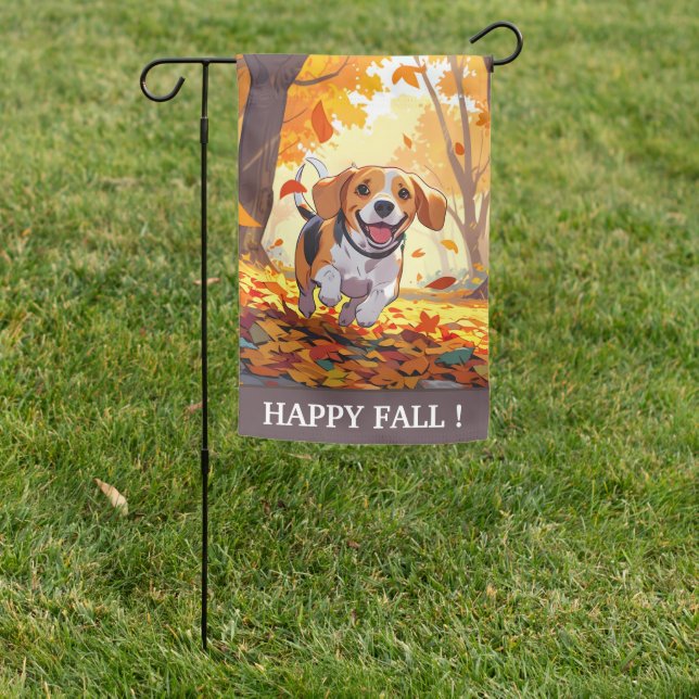 Cute Beagle Dog in Autumn Leaves Happy Fall Garden Flag (In SItu)