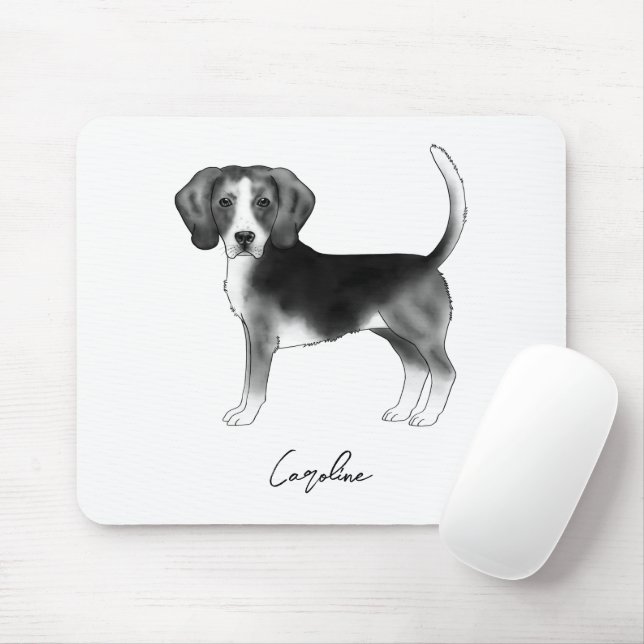 Cute Beagle Dog In Black And White And Custom Name Mouse Pad (With Mouse)
