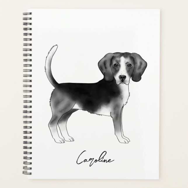 Cute Beagle Dog In Black And White And Custom Text Planner (Front)
