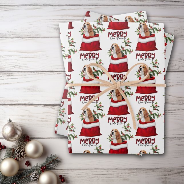 Cute Beagle Dog in Holiday Gift Bag Wrapping Paper Sheets (Creator Uploaded)