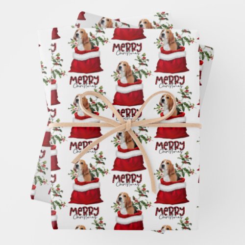 Cute Beagle Dog in Holiday Gift Bag Wrapping Paper Sheets