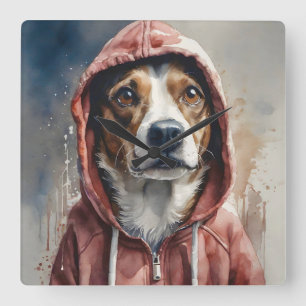 Cute Beagle Dog in Red Hoodie Watercolor Square Wall Clock