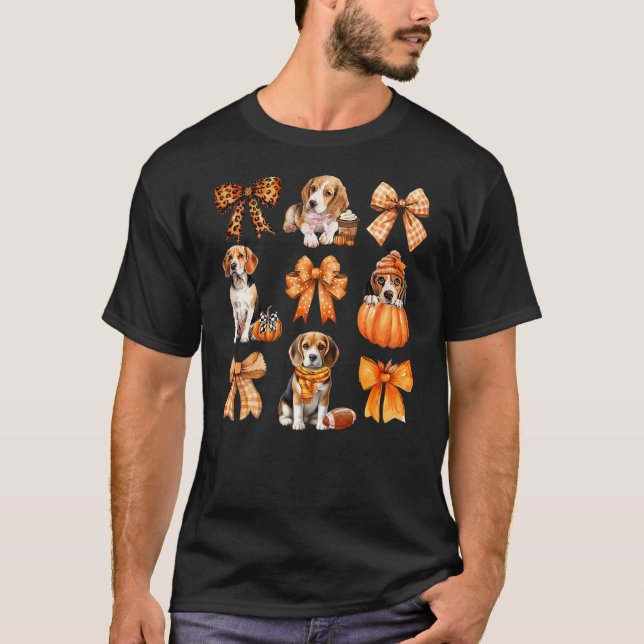 Cute Beagle Dog Lovers Coquette Bows Pumpkin Autum T-Shirt (Front)
