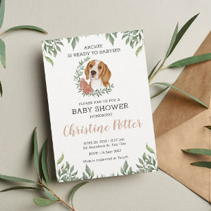 Cute Beagle Dog Puppy Greenery Boho Baby Shower In Invitation