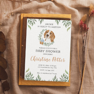 Cute Beagle Dog Puppy Greenery Boho Baby Shower Invitation