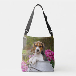 Cute Beagle Dog Puppy in a Milk Churn Photo on Crossbody Bag