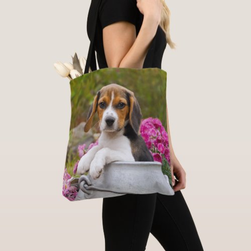 Cute Beagle Dog Puppy in Milk Churn Photo  Shopper Tote Bag
