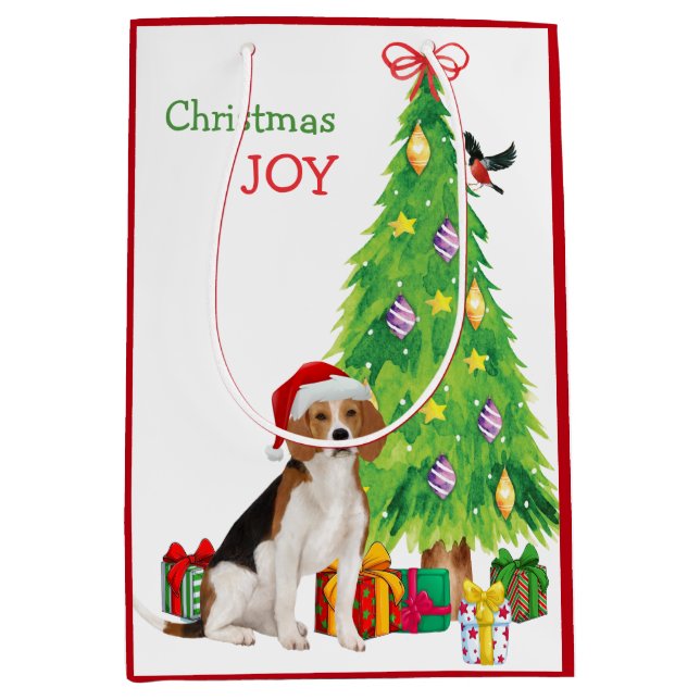 Cute Beagle Dog Santa Hat and Christmas Tree Medium Gift Bag (Front)