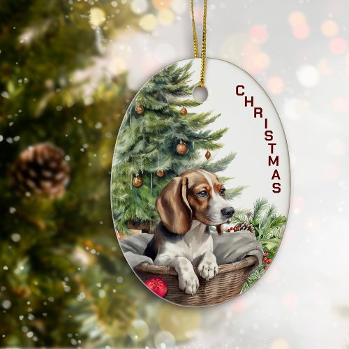 Cute Beagle Dog Wicker Basket Christmas Ceramic Ornament