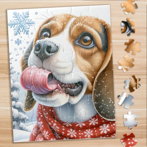 Cute Beagle Dog Winter Holiday Snowflakes Puppy  Jigsaw Puzzle