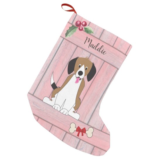 Cute Beagle Girl Dog Pink Wooden Fence Monogram Small Christmas Stocking