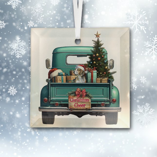 Cute Beagle Hound Dog Retro Truck Christmas Glass Ornament (Creator Uploaded)