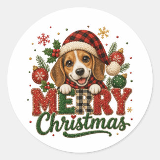 Cute Beagle Merry Christmas Classic Round Sticker