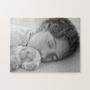 cute beagle puppy and sweet sleeping little girl jigsaw puzzle