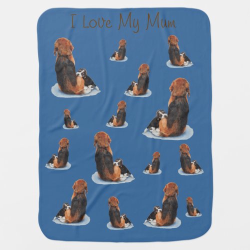 Cute beagle puppy cuddling mom dog blue baby blanket