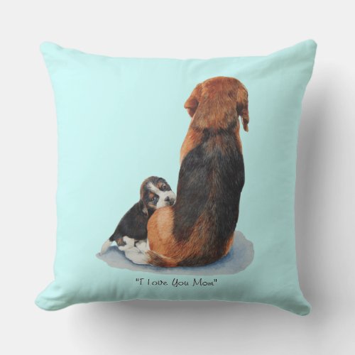 cute beagle puppy cuddling mom dog throw pillow