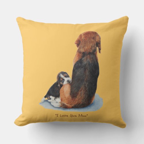 cute beagle puppy cuddling mom dog throw pillow
