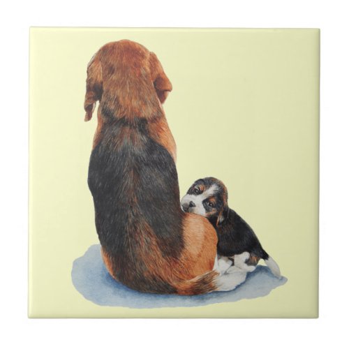 cute beagle puppy cuddling mom dog tile