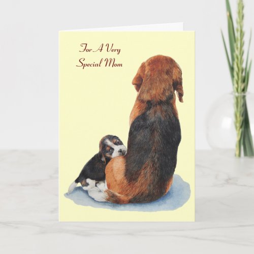 cute beagle puppy cuddling mum dog card