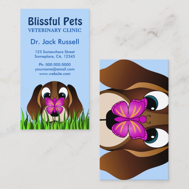 Cute Beagle Puppy Dog and Butterfly Veterinary Business Card (Front/Back)