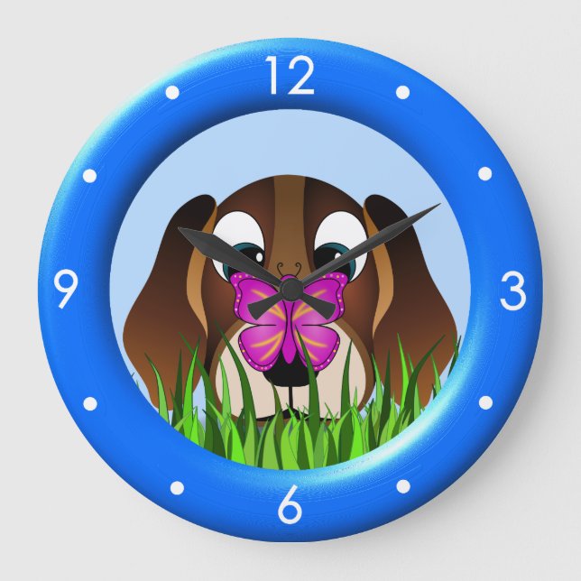 Cute Beagle Puppy Dog Butterfly Large Round Clock (Front)