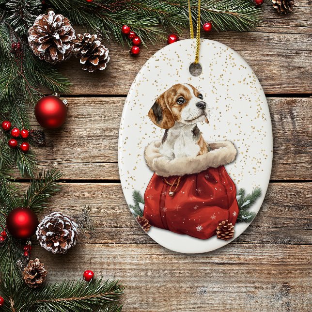 Cute Beagle Puppy Dog Christmas Gift Bag Ceramic Ornament (Creator Uploaded)