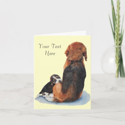 Cute beagle puppy dog cuddling mum card