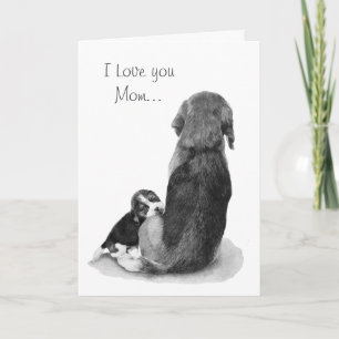 cute beagle puppy dog cuddling mum card