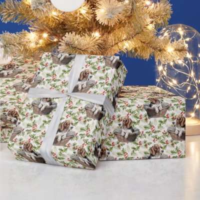 Cute Beagle Puppy in Basket Christmas Holly Wrapping Paper