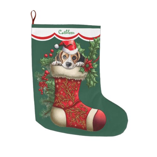 Cute Beagle Puppy Peeking Large Christmas Stocking