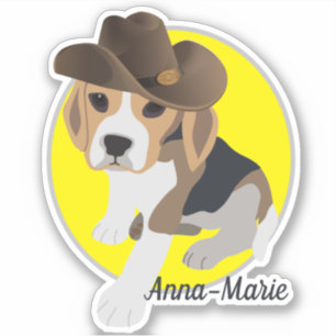 CUTE BEAGLE PUPPY PICTURE COWBOY HAT NAME SHAPED STICKER