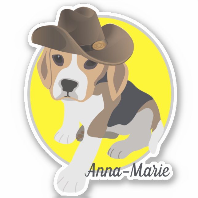 CUTE BEAGLE PUPPY PICTURE COWBOY HAT NAME SHAPED STICKER (Front)