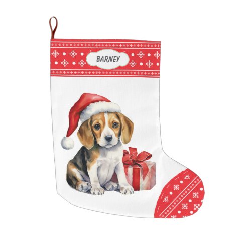 Cute Beagle Puppy Santa Hat Snowflake Border Large Christmas Stocking