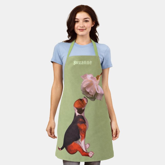 Cute Beagle Puppy White Rose Animal Personalized Apron (Worn)