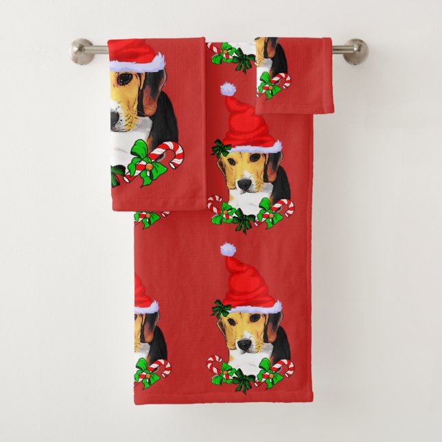 Cute Beagle Santa Christmas Bath Towel Set (Insitu)