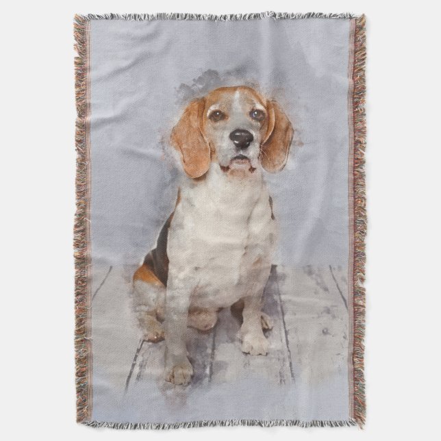 Cute Beagle Watercolor Portrait Throw Blanket (Front Vertical)