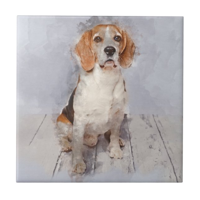 Cute Beagle Watercolor Portrait Tile (Front)