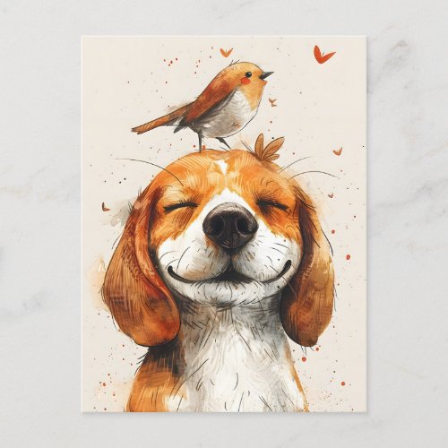 Cute beagle with a bird on the head hand painted postcard
