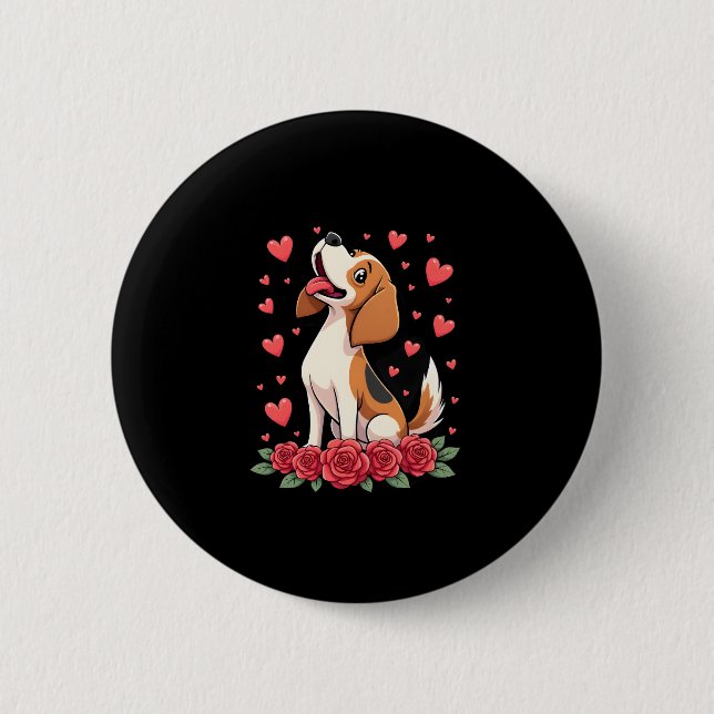 Cute Beagle with Red Roses Hearts Floral Valentine Button (Front)