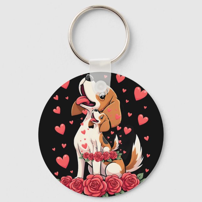 Cute Beagle with Red Roses Hearts Floral Valentine Keychain (Front)